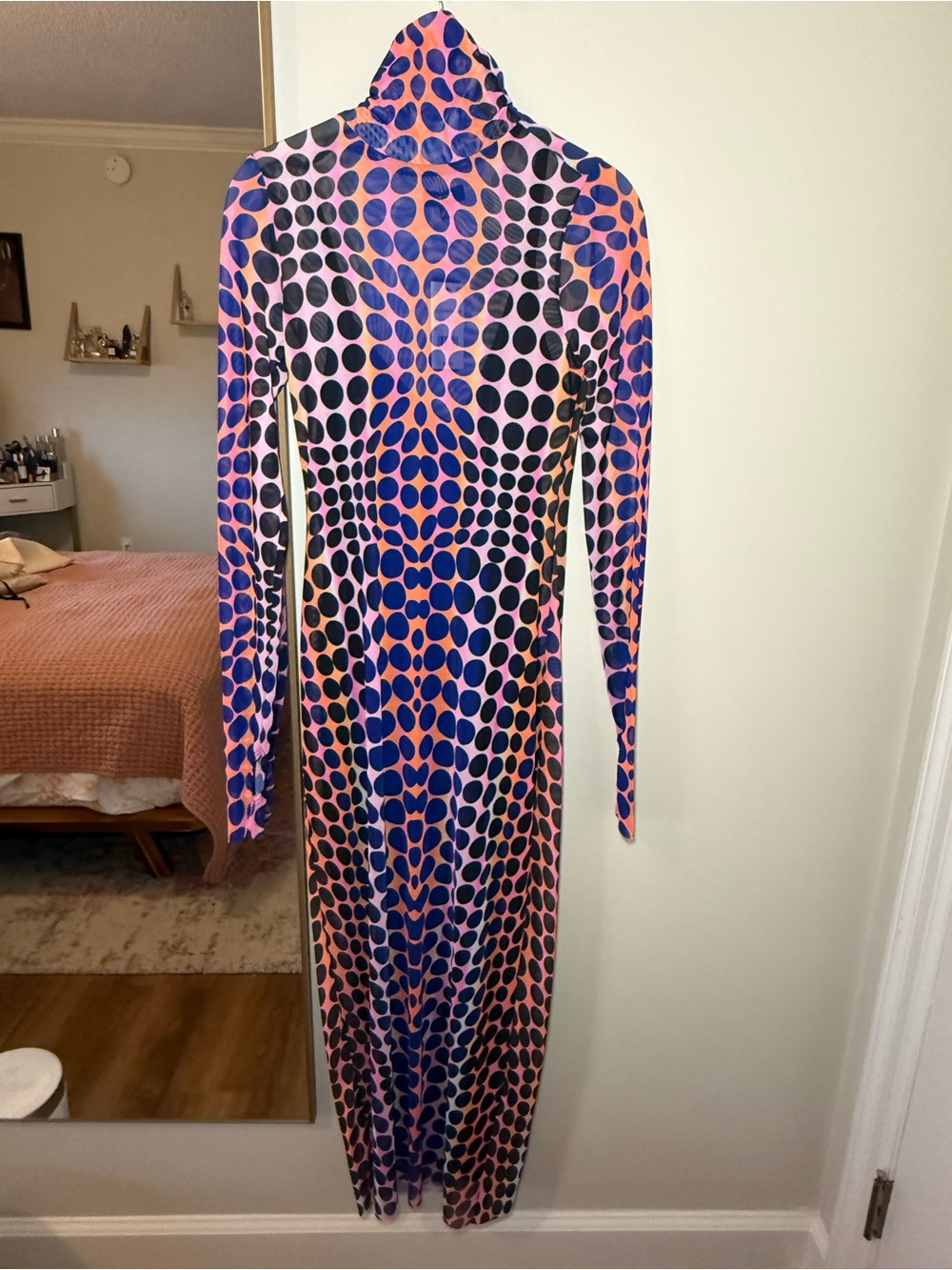 AFRM Long Sleeve Midi Turtleneck Dress in Pink and Blue Dot Print